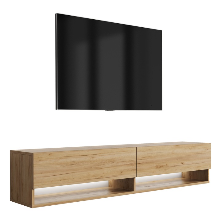 TV állvány, 3xe living, kézműves tölgy, 170 cm, 170 × 32 × 34 cm, polccal, szekrénnyel, fehér LED, önszerelő készlet, laminált bútorlap, hidraulikus emelő, kézműves tölgy