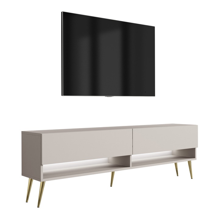 TV állvány, 3xe living, 170 cm, polccal és szekrénnyel, arany ferde lábak, fehér LED, 170 × 32 × 52 cm, anyaga: laminált bútorlap, fém lábak, önszerelhető termék, színe: kasmír, fali rögzítőelemek nem