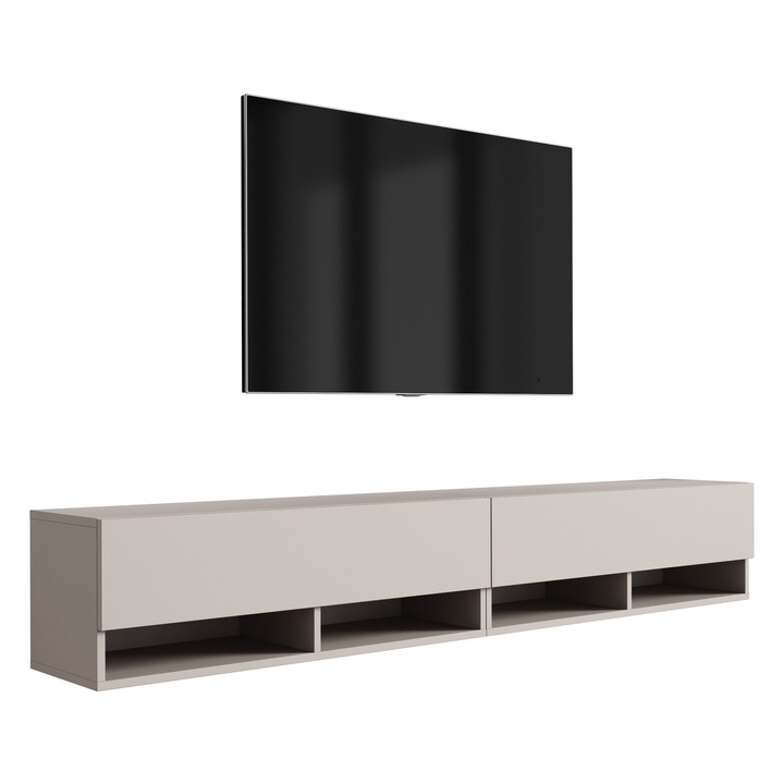 TV állvány, 3xe living, 200 cm, 2 x 100 cm, akasztós, polccal, szekrénnyel, kasmír, önszerelő készlet, laminált bútorlap, könnyű összeszerelés, hidraulikus