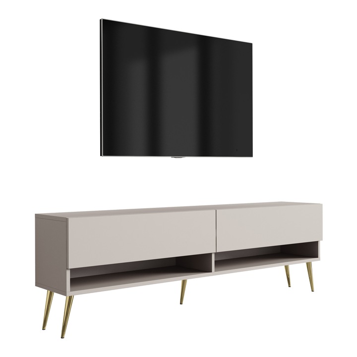 TV állvány, 3xe living, 170 cm, kasmír, polccal és szekrénnyel, arany ferde lábak, 170 × 32 × 52 cm, anyag: laminált bútorlap, fém lábak, hidraulikus emelés, szín: kasmír, önszerelő készlet, új, eredeti