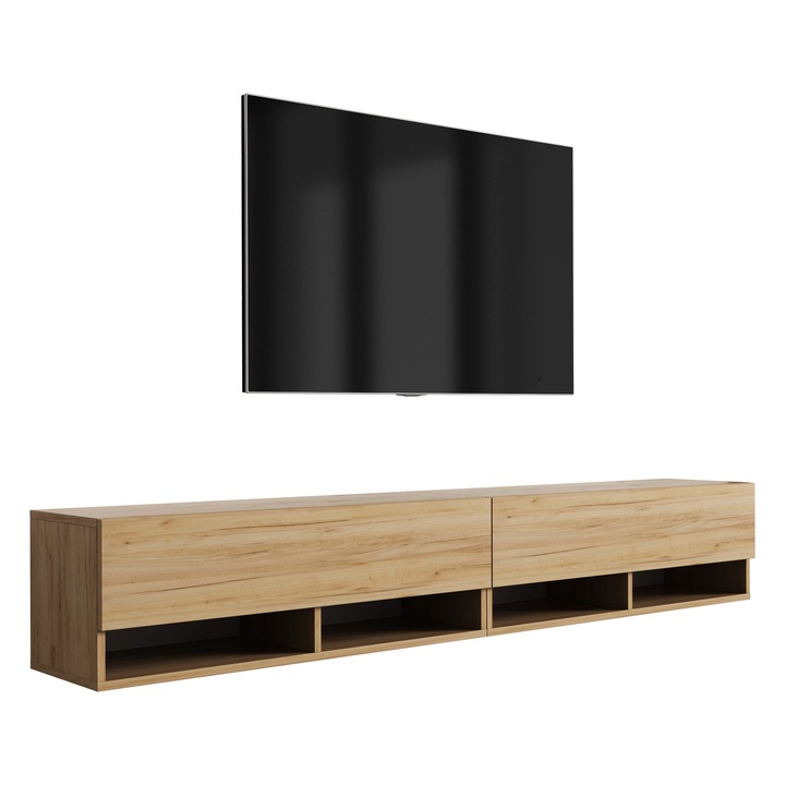 TV fali szekrény, 3xe living, 200 cm, 2 x 100 cm, laminált lap, hidraulikus emelő, kézműves tölgy szín, önszerelő készlet, anyag: laminált lap, könnyű összeszerelés, új termék eredeti csomagolásban, méretek: 200 × 32 × 34