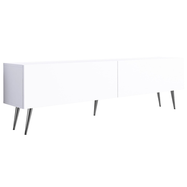 TV szekrény, matt, fehér, 170 x 34 x 32 cm, MDF, 2 ajtó, 2 polc, króm lábak, benyomható nyitórendszer, a szett tartalma: 1 x bútor, 1 x összeszerelési tartozék, 1 x összeszerelési