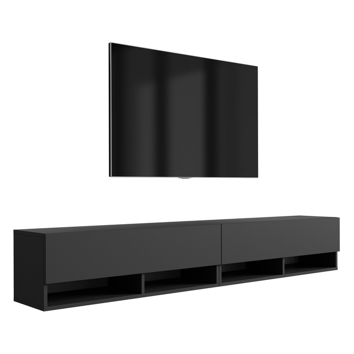 TV állvány, 3xe living, 200 cm, 2 x 100 cm, függesztett, polccal, szekrénnyel, matt fekete, önszerelő készlet, laminált bútorlap, könnyű összeszerelés, hidraulikus