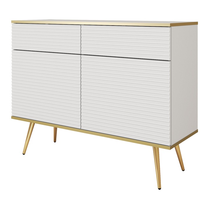 Komód, nincs, modern, 107 cm, 85 cm, 39 cm, MDF-ből készült, fém lábakkal, falra szerelhető, tolófogantyúkkal, fehér színben, arany elemekkel, önszerelő készlet, anyag: laminált bútorlap, 16 mm, ABS-sel, 0, 5 mm, a z tálaloszekrény, tv-állvány