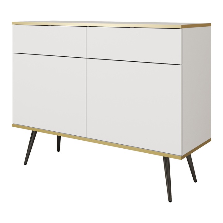 Fiókos szekrény, márka nélküli, 107 x 85 x 39 cm, 2 fiók, 2 ajtó, 4 polc, nyomógombos nyitórendszer, Fehér, A szett tartalma: 1 x bútordarab, 1 x összeszerelési tartozék, 1 x összeszerelési útmutató, MDF, Fém lábak, Laminált bútorlap, Lemezvastagság: 16