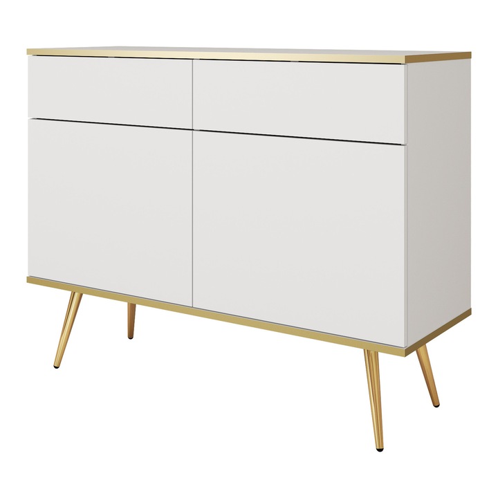 Fiókos szekrény, márka nélküli, 107 cm, 85 cm, 39 cm, két fiókkal, két ajtóval, négy polccal, nyomásra nyíló rendszerrel, Fehér, Arany lábak, A szett tartalma: 1 x bútordarab, 1 x összeszerelési tartozék, 1 x összeszerelési útmutató, MDF, Kiváló minőség