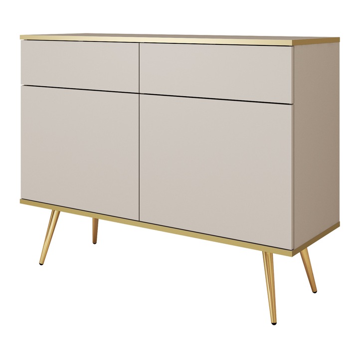 Fiókos komód, bézs, 107 cm, 85 cm, 39 cm, két fiókkal, két ajtóval, négy polccal, nyomásra nyíló rendszerrel, fém lábakkal, összeszerelési tartozékokkal, összeszerelési útmutatóval, laminált anyagból