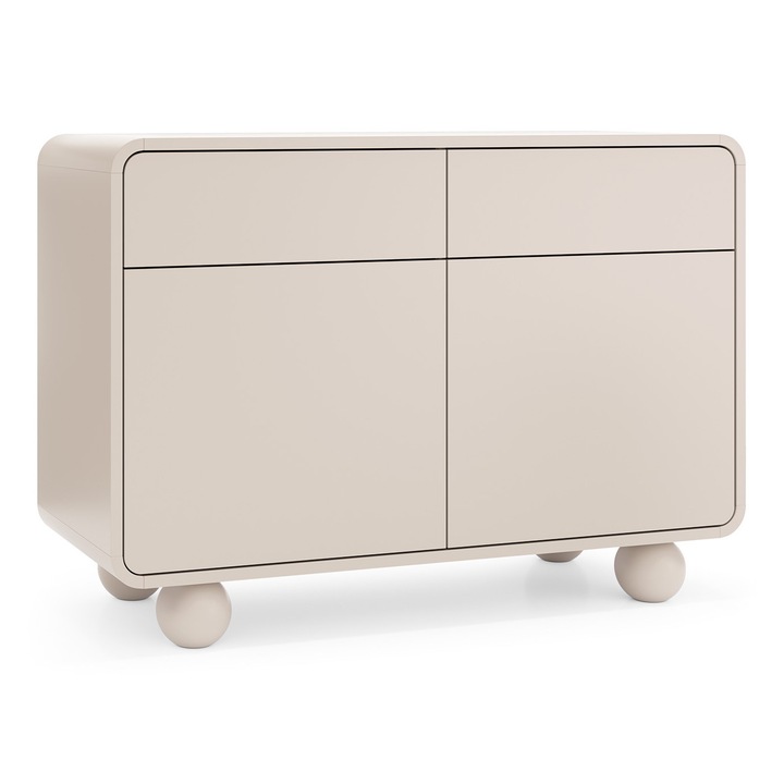 Komód, kasmír, 108 cm, 75 cm, 39 cm, két zárható rekesszel, két praktikus fiokkal, modern design, gömb alakú lábak, 18 mm-es laminált anyag, ABS szegélylyel, fogantyúk nélkül, nyomásra nyílik, kasmír színű, önösszeszerelésre