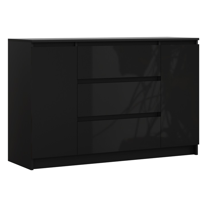 Komód, matt fekete, fényes fekete, 120 cm, 39 cm, 78 cm, 2 ajtó, 3 fiók, szett, 1 darab, anyag: forgácslap, tartós, modern design, könnyű
