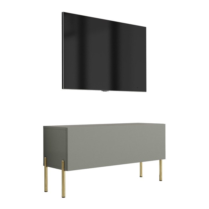 TV állvány, aloe vera, 100 cm, 52 cm, 32 cm, nyomásra nyíló rendszerrel, polccal, arany színű lábakkal, a szett tartalma: 1 x bútordarab, 1 x összeszerelési kellékek, 1 x összeszerelési útmutató, anyag: laminált bútorlap, bútorlap vastagsága: 16 mm