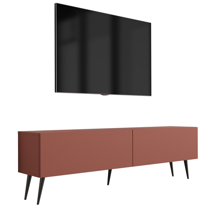 TV szekrény, márka nélküli, 140 x 52 x 32 cm, 2 ajtó, 2 polc, laminált panel, fekete lábak, téglavörös, a szett tartalma: 1 x bútordarab, 1 x szerelési tartozékok, 1 x szerelési útmutató, anyag: MDF, panel vastagsága: 16 mm, fogantyúk nélküli
