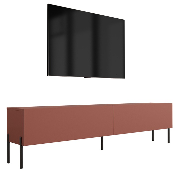 TV szekrény, márka nélküli, 170 x 52 x 32 cm, 2 ajtó, 2 polc, téglavörös színű, a szett tartalma: 1 x bútordarab, 1 x összeszerelési tartozék, 1 x összeszerelési útmutató, anyag: laminált bútorlap, bútorlap vastagsága: 16 mm, lábak: fekete, modern