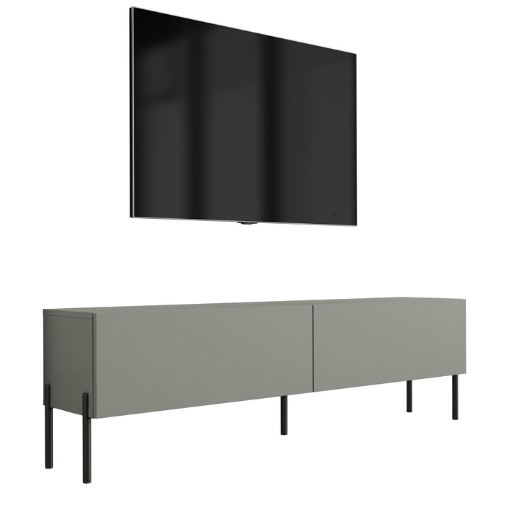 TV szekrény, aloe vera színű, 140 cm x 52 cm x 32 cm, 2 ajtó, 2 polc, fekete lábak, a szett tartalma: 1 x bútordarab, 1 x összeszerelési tartozék, 1 x összeszerelési útmutató, anyag: laminált bútorlap, bútorlap vastagsága: 16 mm, fogantyú nélkül