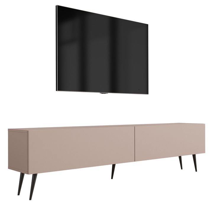 TV szekrény, nincs, 170 cm, 52 cm, 32 cm, 2 ajtó, 2 polc, karamell színű, a szett tartalma: 1 x bútordarab, 1 x összeszerelési kellékek, 1 x összeszerelési útmutató, anyag: laminált bútorlap, bútorlap vastagsága: 16 mm, fekete lábak, modern stílus