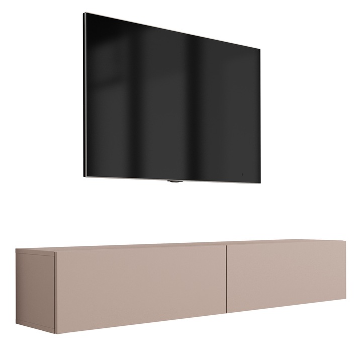 TV szekrény, sz., 170 cm, 34 cm, 32 cm, 2 ajtó, 2 polc, önszerelhető, laminált panelek, karamell színű, szett tartalma: 1 x bútordarab, 1 x összeszereléshez szükséges tartozék, 1 x összeszerelési útmutato, anyaga: MDF, tábla vastagsága: 16 mm, kilincsek: