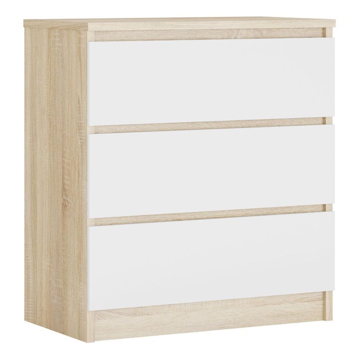 Komód, márka nélküli, 3 fiókkal, 78 cm, 70 cm, 39 cm, Sonoma tölgy / fehér, anyag: farostlemez, tartós ABS élek, görgős vezetősín, hátlap: HDF lap, fiók alja: HDF