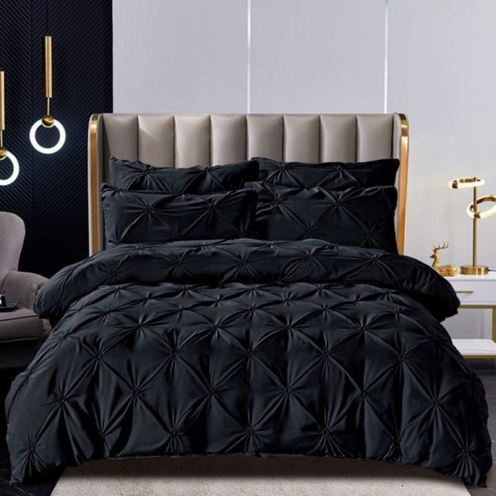 Lenjerie de pat Bumbac Soft Sonia Home 6 piese, uni, negru, 220x240cm, 200x230cm cu fermoar, 50x70cm-2 buc, 80x80cm-2 buc