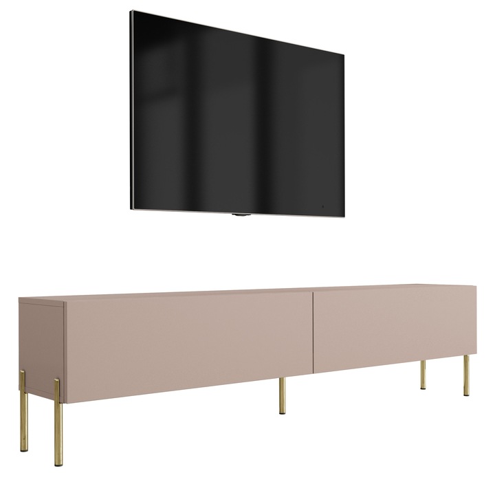 TV szekrény, márka nélküli, 170 x 52 x 32 cm, 2 ajtó, 2 polc, laminált panel, karamell színű, arany lábak, a szett tartalma: 1 x bútordarab, 1 x összeszerelési tartozék, 1 x összeszerelési útmutató, anyag: kompozit, panelvastagság: 16 mm