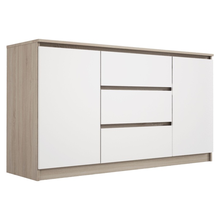 Fiókos komód, Sonoma tölgy, matt fehér, 140 x 78 x 39 cm, 3 fiók, 2 ajtó, anyag: üvegszálas kompozit, méretek: 138 cm, 39 cm, 78