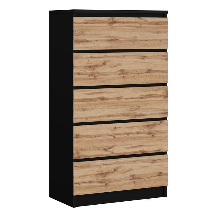 Fiókos szekrény, márka nélkül, 5 fiókkal, 125 cm, 70 cm, 39 cm, matt fekete / wotan tölgyfa, anyag: farostlemez, méretek: 125 cm magas, 70 cm széles, 39 cm mély, 5 fiók görgős vezetősínekkel, modern dizájn, könnyű