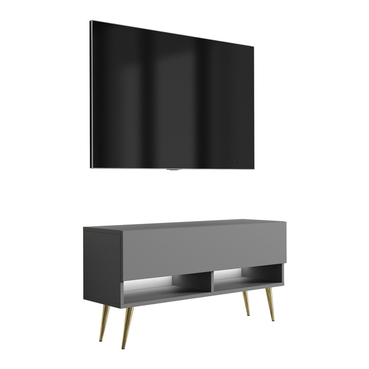 TV állvány, márka nélküli, 100 cm, 100 × 32 × 52 cm, antracit, arany lábak, fehér LED, MDF anyag, önállóan összeszerelhető, új, eredeti