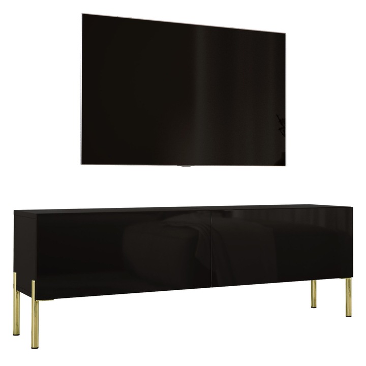 TV szekrény, márka nélküli, 140 cm, 34 cm, 32 cm, modern design, funkcionális tárolás, laminált bútorlap, matt fekete / fényes fekete, arany lábak, a szett nem tartalmazza a rögzítőelemeket, MDF, kiváló minőség, tartósság, minimalista