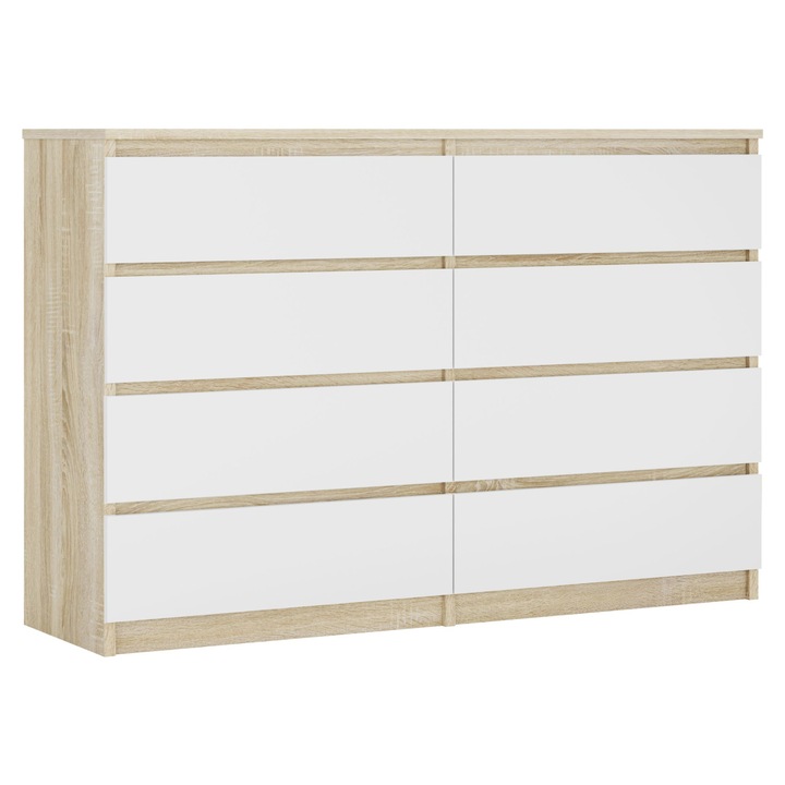 Fiókos komód, Sonoma tölgyfa, 8 fiók, 138 cm, 101 cm, 39 cm, anyag: farostlemez, szín: matt fehér, szett: 1 darab, jellemzők: kiváló minőség, modern design, könnyű