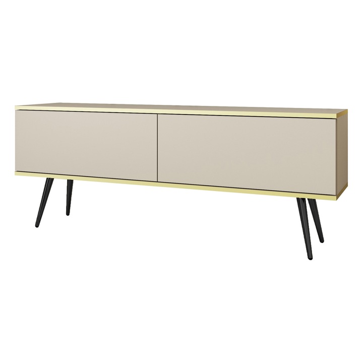 TV szekrény, fehér, fekete lábak, 135 x 30 x 52 cm, nyomásra nyíló, 16 mm vastag, laminált, könnyen tisztítható, ABS műanyag, funkcionális, modern