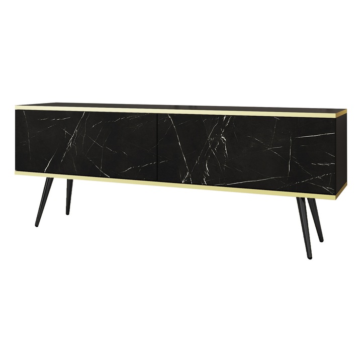 TV szekrény, matt fekete, királyfekete márvány, fekete lábak, 135 cm, 30 cm, 52 cm, nyomásra nyitható, MDF anyag, modern dizájn, könnyen összeszerelhető