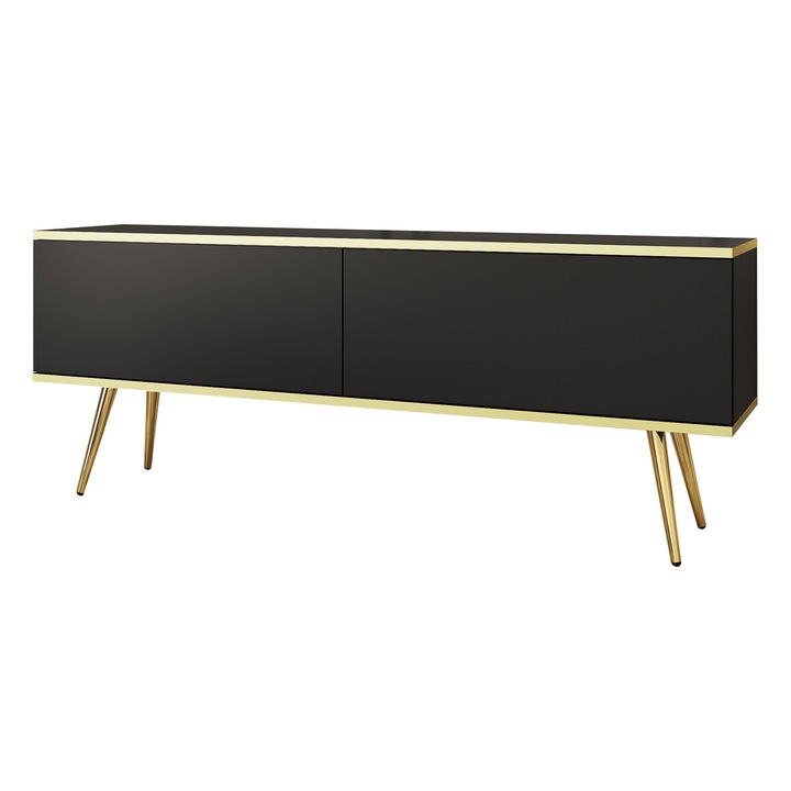 TV szekrény, fekete, 135 cm, 30 cm, 52 cm, nyomásra nyíló, arany lábak, szett, 1 darab, forgácslap, szennyeződésálló, modern dizájn, könnyen