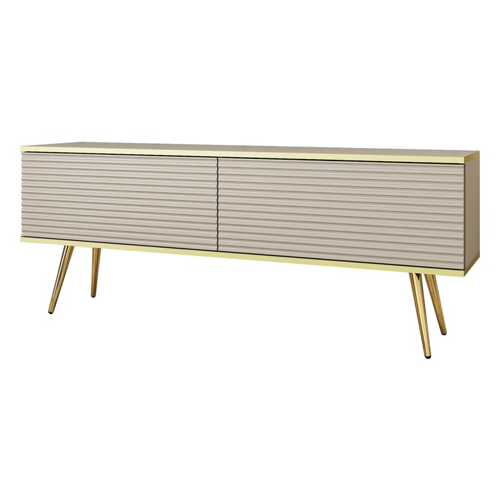 TV szekrény, márka nélküli, 135 cm, 30 cm, 52 cm, nyomásra nyíló, bézs lécek, arany lábak, anyag: FA kompozit, súlya akár 30 kg, modern dizájn, könnyű