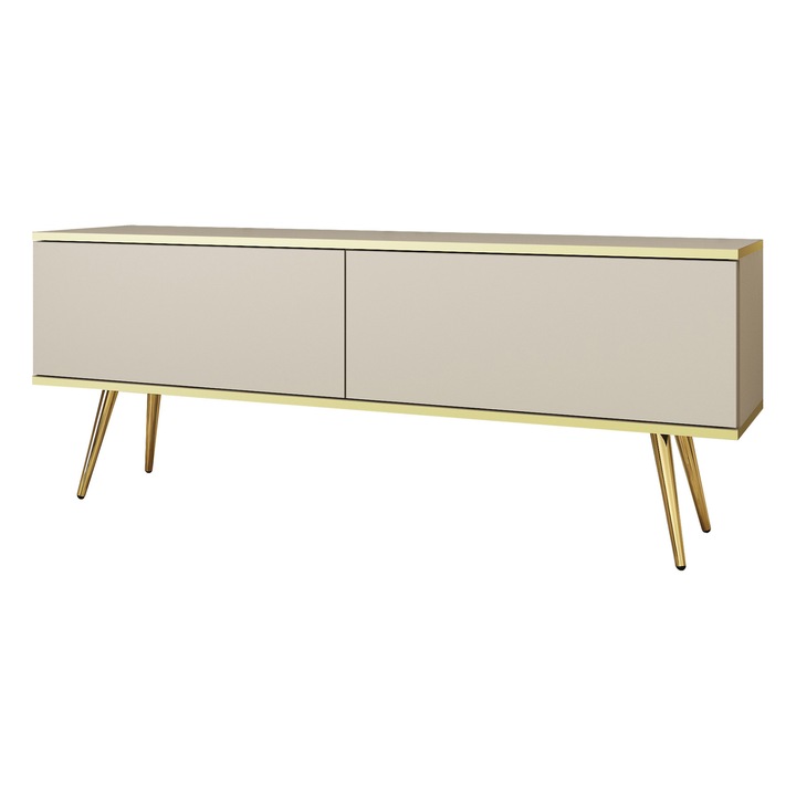 TV szekrény, bézs, 135 cm, 30 cm, 52 cm, nyomásra nyíló, arany lábak, szett, 1 darab, MDF, szennyeződésálló, modern dizájn, tartós
