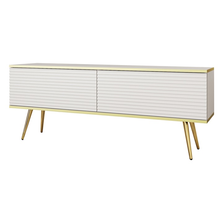 TV szekrény, nincs, 135 cm, 30 cm, 52 cm, nyomásra nyíló, fehér lécek, arany lábak, anyag: kompozit, szennyeződésálló, modern dizájn, könnyen