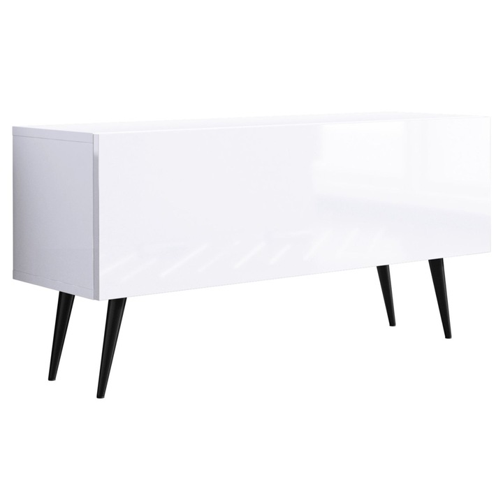 TV szekrény, márka nélküli, 100 x 34 x 32 cm, funkcionális, falra szerelhető, fém lábakkal, egy polccal, nyomásra nyíló rendszerrel, szín: matt fehér / fényes fehér, a szett tartalma: 1 x bútordarab, 1 x összeszerelési tartozék, 1 x összeszerelési