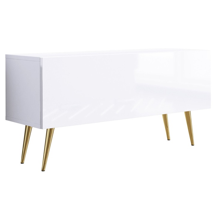 TV szekrény, márka nélküli, 100 x 34 x 32 cm, funkcionális, önállóan összeszerelhető, egy polccal, nyomásra nyíló rendszerrel, szín: matt fehér / fényes fehér, arany lábak, a szett tartalma: 1 x bútordarab, 1 x összeszerelési kellékek, 1 x összeszerelési