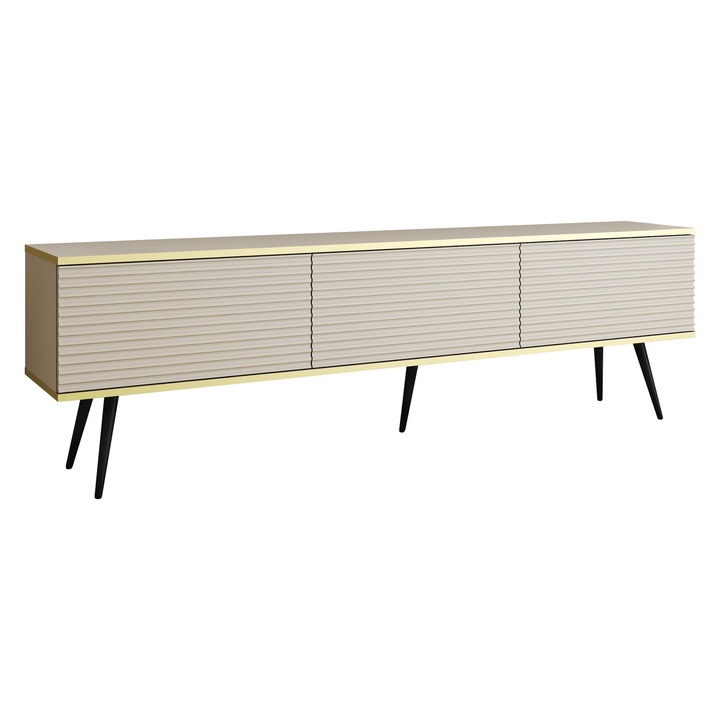 TV szekrény, nincs, 175 cm, 30 cm, 52 cm, nyomásra nyíló, bézs lécek, fekete lábak, szett, 1 darab, MDF, szennyeződésálló, modern dizájn, tartós