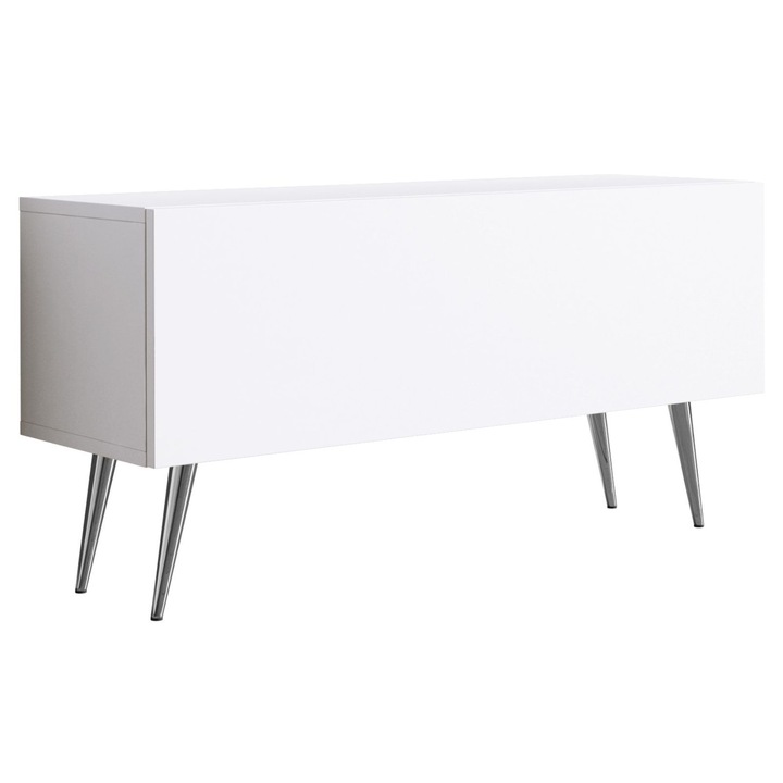 TV szekrény, márka nélküli, 100 cm, 34 cm, 32 cm, funkcionális, modern stílusú, önállóan összeszerelhető, matt fehér, króm lábak, a szett tartalma: 1 x bútordarab, 1 x összeszerelési tartozék, 1 x összeszerelési útmutató, anyag: laminált bútorlap