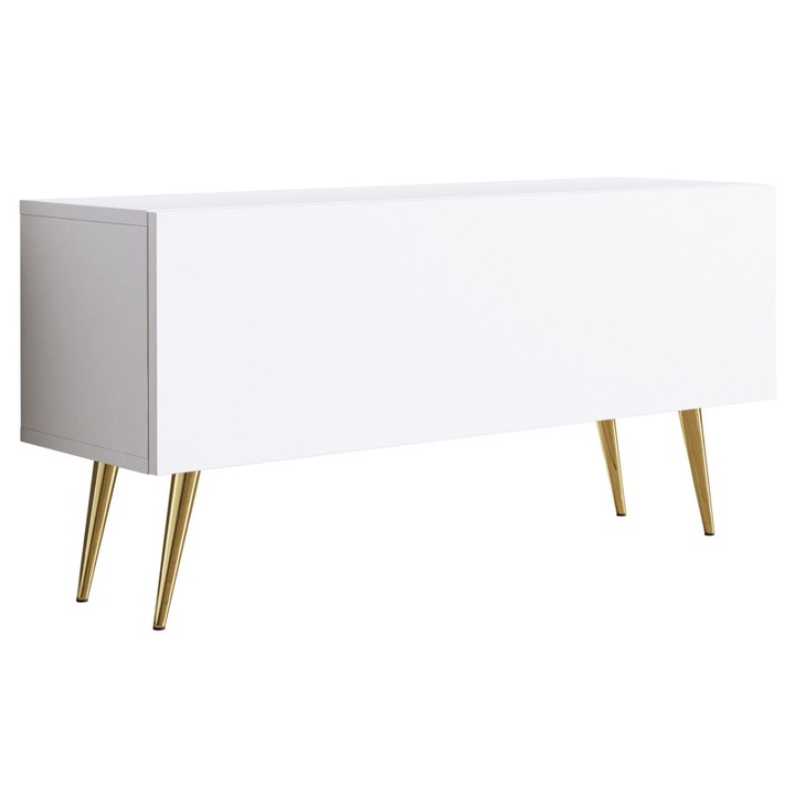 TV szekrény, márka nélküli, 100 x 34 x 32 cm, funkcionális, fém lábakkal, egy fiókkal, polccal, nyomásra nyíló rendszerrel, matt fehér, a szett tartalma: 1 x bútordarab, 1 x összeszerelési tartozék, 1 x összeszerelési útmutató, anyag: laminált bútorlap