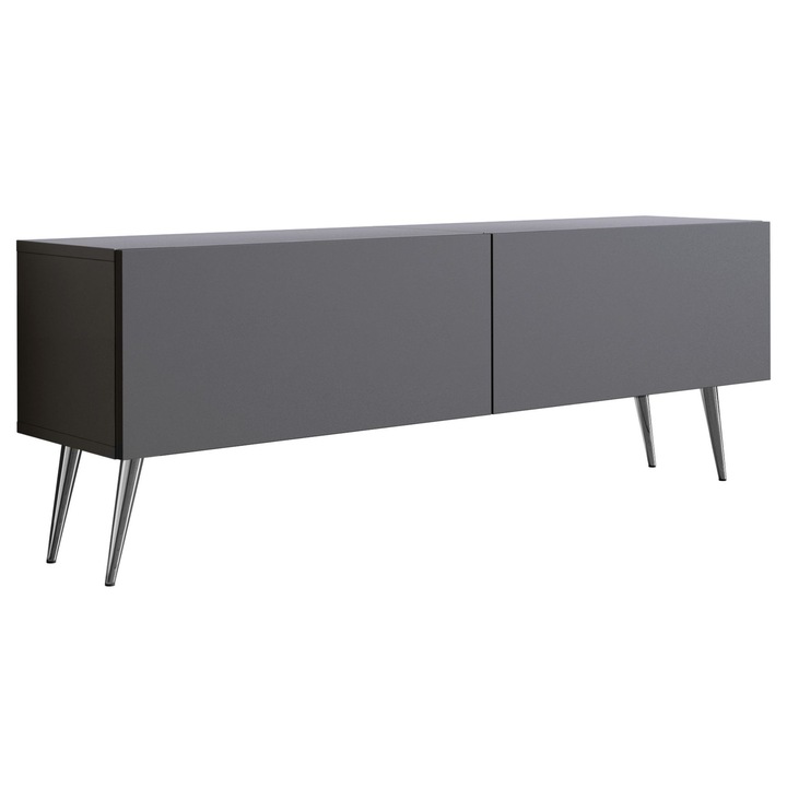 TV szekrény, antracit, 140 cm, 34 cm, 32 cm, MDF, króm lábakkal, két polccal, nyomásra nyíló rendszerrel, a szett tartalma: 1 x bútordarab, 1 x összeszerelési kellékek, 1 x összeszerelési útmutató, anyag: laminált bútorlap, lapvastagság: 16