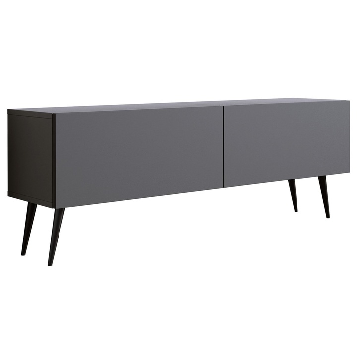 TV szekrény, márka nélküli, 140 x 34 x 32 cm, 2 ajtó, 2 polc, nyomásra nyíló rendszer, antracit, fekete lábak, a szett tartalma: 1 x bútordarab, 1 x összeszerelési tartozék, 1 x összeszerelési útmutató, anyag: laminált bútorlap, jellemzők: önszerelhető