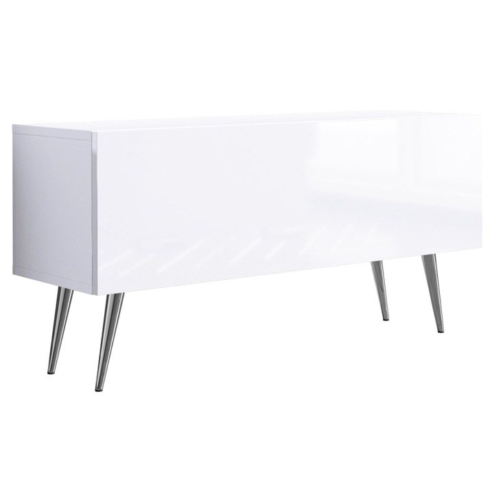 TV szekrény, márka nélküli, 100 cm, 34 cm, 32 cm, funkcionális, önállóan összeszerelhető, fém lábakkal, egy polccal, nyomásra nyíló rendszerrel, szín: matt fehér / fényes fehér, a szett tartalma: 1 x bútordarab, 1 x összeszerelési tartozék, 1 x