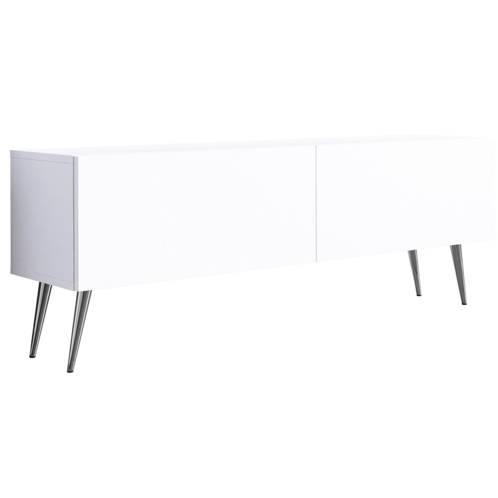 TV szekrény, márka nélküli, 140 x 34 x 32 cm, 2 polc, 2 ajtó, króm lábak, matt fehér, a szett tartalma: 1 x bútor, 1 x összeszerelési tartozék, 1 x összeszerelési útmutató, anyag: laminált bútorlap, bútorlap vastagsága: 16 mm, fogantyúk nélkül, nyomásra