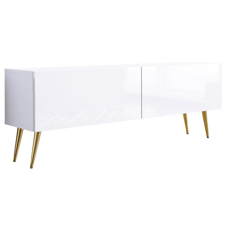 TV szekrény, márka nélküli, matt fehér / fényes fehér, 140 cm, 34 cm, 32 cm, funkcionális, két ajtóval, két polccal, nyomásra nyíló rendszerrel, arany lábakkal, a szett tartalma: 1 x bútordarab, 1 x összeszerelési tartozékok, 1 x összeszerelési útmutató