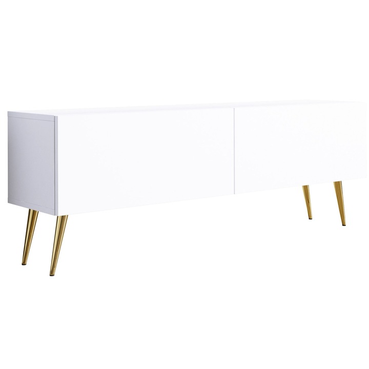 TV szekrény, márka nélküli, 140 x 34 x 32 cm, funkcionális, önálló összeszereléshez, laminált panelek, matt fehér, arany lábak, a szett tartalma: 1 x bútordarab, 1 x összeszerelési tartozék, 1 x összeszerelési útmutató, anyag: MDF, lapvastagság: 16 mm