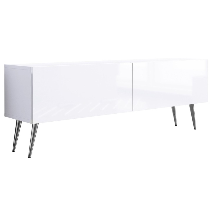 TV szekrény, márka nélküli, 140 cm, 34 cm, 32 cm, funkcionális, önállóan összeszerelhető, króm lábakkal, matt fehér, fényes fehér, a szett tartalma: 1 x bútordarab, 1 x összeszerelési tartozék, 1 x összeszerelési útmutató, anyag: laminált bútorlap