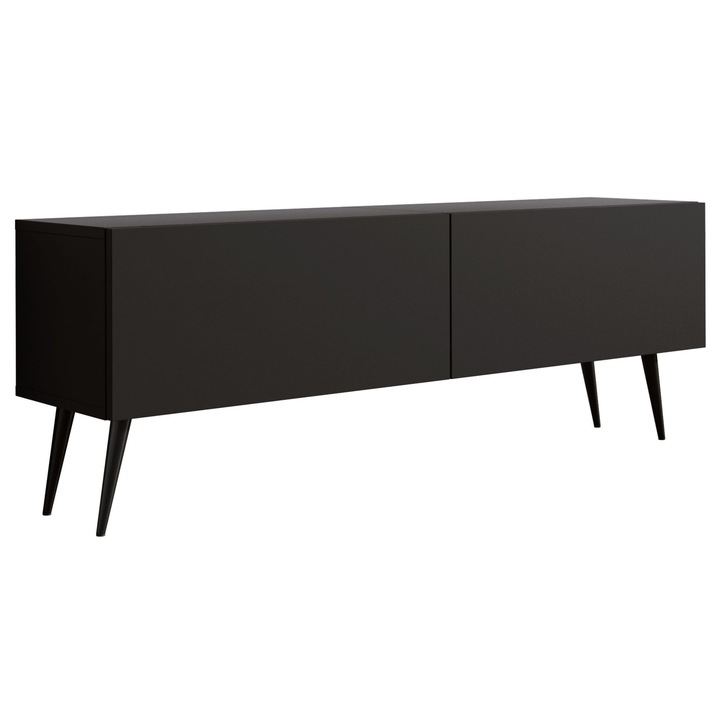 TV szekrény, márka nélküli, 140 x 34 x 32 cm, 2 ajtó, 2 polc, nyomásra nyíló rendszer, matt fekete, a szett tartalma: 1 x bútordarab, 1 x összeszerelési tartozék, 1 x összeszerelési útmutató, anyag: laminált bútorlap, fém lábak, bútorlap vastagsága 16