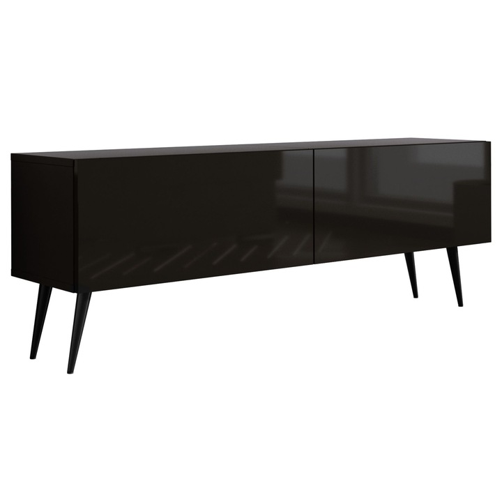 TV szekrény, márka nélküli, 140 x 34 x 32 cm, funkcionális, fém lábakkal, két ajtóval, két polccal, nyomásra nyíló rendszerrel, szín: matt fekete / fényes fekete, a szett tartalma: 1 x bútordarab, 1 x összeszerelési tartozék, 1 x összeszerelési útmutató