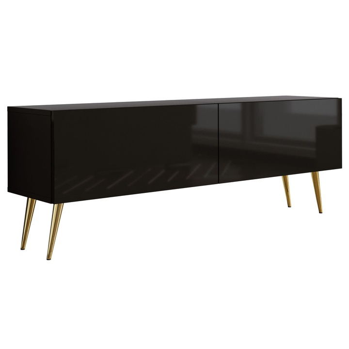 TV szekrény, márka nélküli, 140 x 34 x 32 cm, funkcionális, két ajtóval, két polccal, nyomásra nyíló rendszerrel, matt fekete / fényes fekete, arany lábak, a szett tartalma: 1 x bútordarab, 1 x összeszerelési tartozék, 1 x összeszerelési útmutató, anyag: