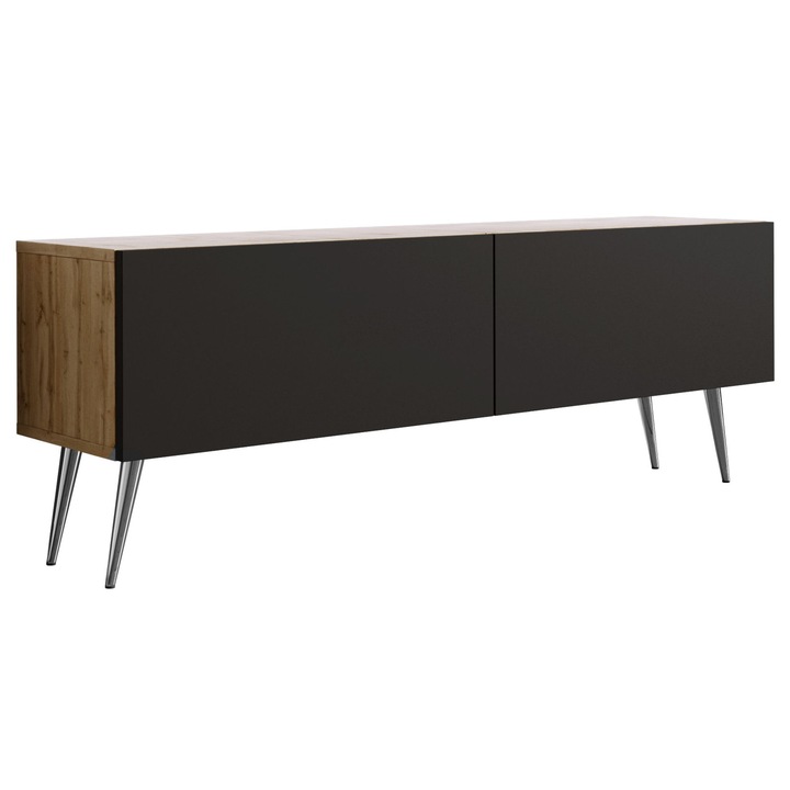 TV szekrény, Wotan tölgyfa, matt fekete, 140 cm, 34 cm, 32 cm, 2 ajtó, 2 polc, nyomásra nyíló rendszer, króm lábak, a szett tartalma: 1 x bútordarab, 1 x összeszerelési tartozékok, 1 x összeszerelési útmutató, anyag: laminált bútorlap, bútorlap