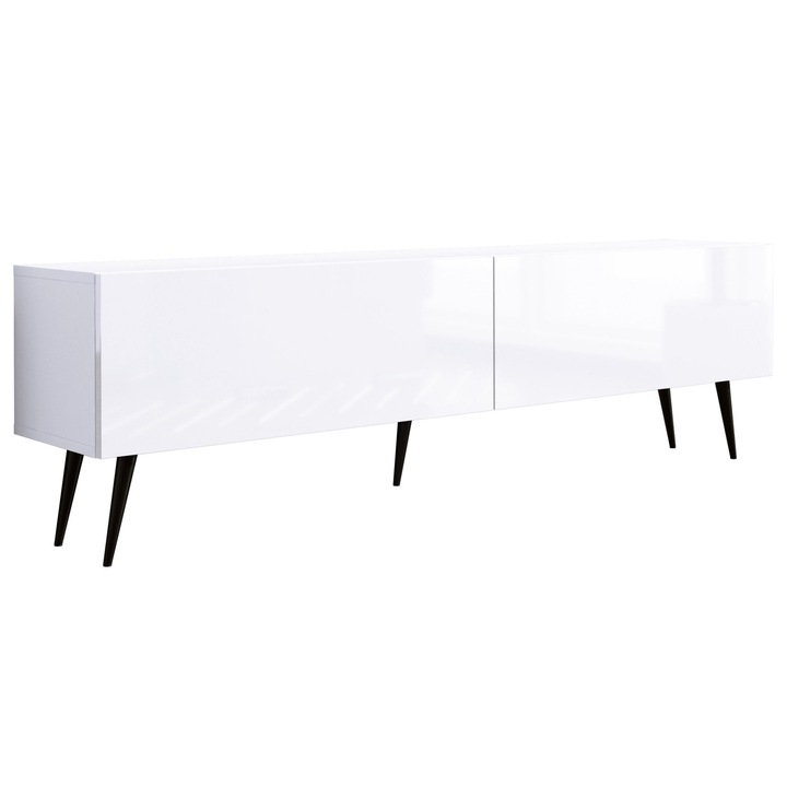 TV szekrény, márka nélküli, 170 x 34 x 32 cm, laminált panelek, funkcionális, fém lábakkal, két ajtóval, két polccal, nyomásra nyíló rendszerrel, matt fehér / fényes fehér, a szett tartalma: 1 x bútordarab, 1 x összeszerelési tartozék, 1 x összeszerelési